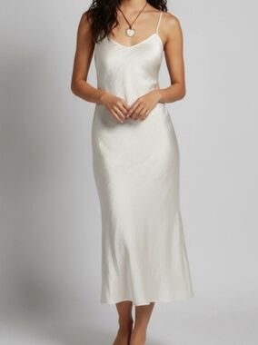Free People Women Satin Midi Slip Dress Sz M Ivory Adj Straps Side Slits Elegant